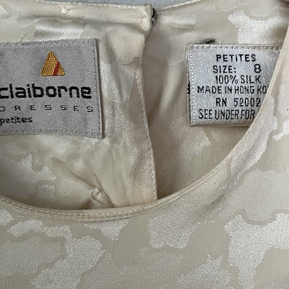 Vintage 80s Liz Claiborne Silk Dress 8 P Pale Yellow Jacquard Floral Faux Wrap - Picture 10 of 16